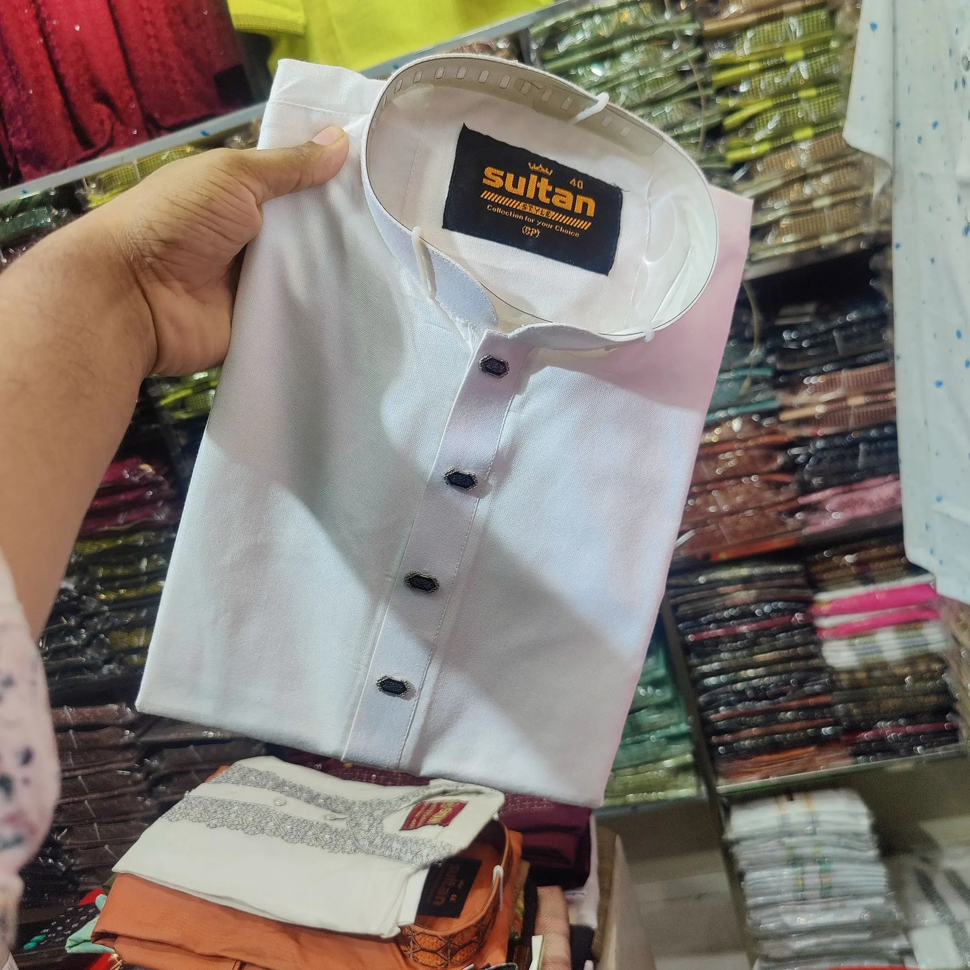 Picture of white colour high quality febric snap button panjabi