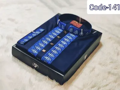 Picture of Nevi blue colour ambrodary work high quality snap button panjabi for men