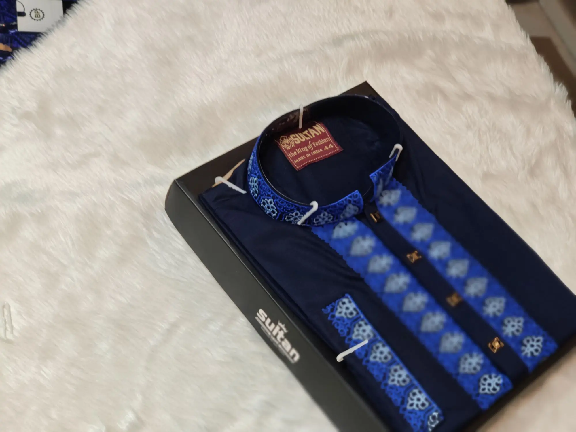 Picture of Nevi blue colour ambrodary work high quality snap button panjabi for men