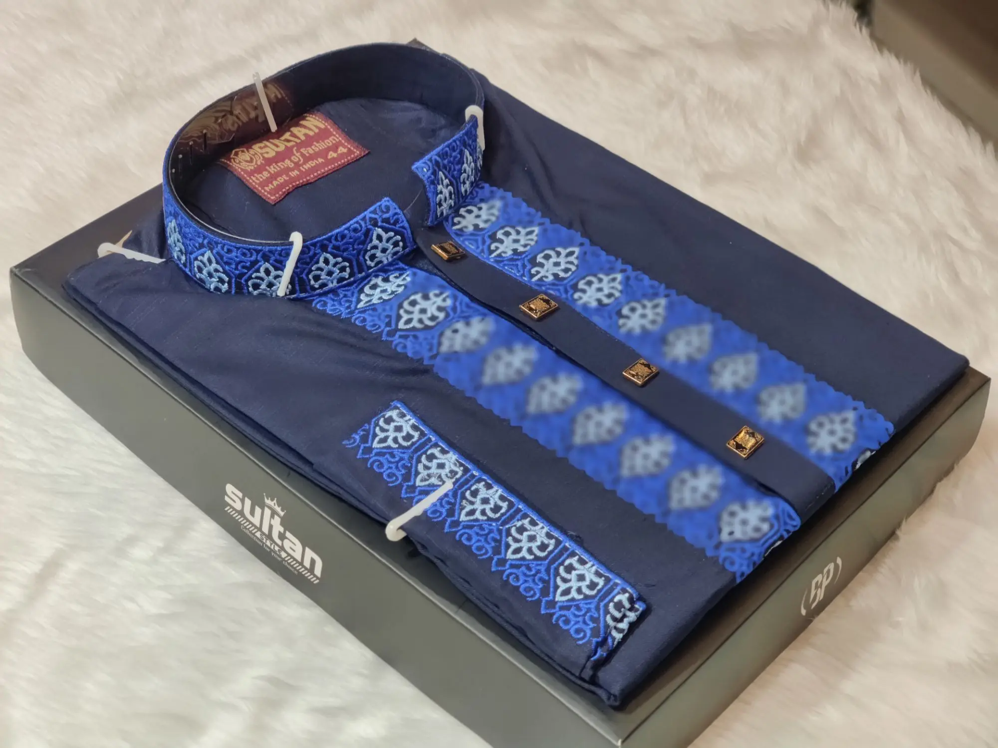 Picture of Nevi blue colour ambrodary work high quality snap button panjabi for men