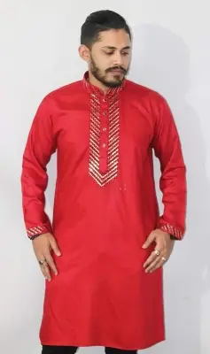 Picture of Mens Red colour and white colour Secuance work High quality Durgah Puja special panjabi