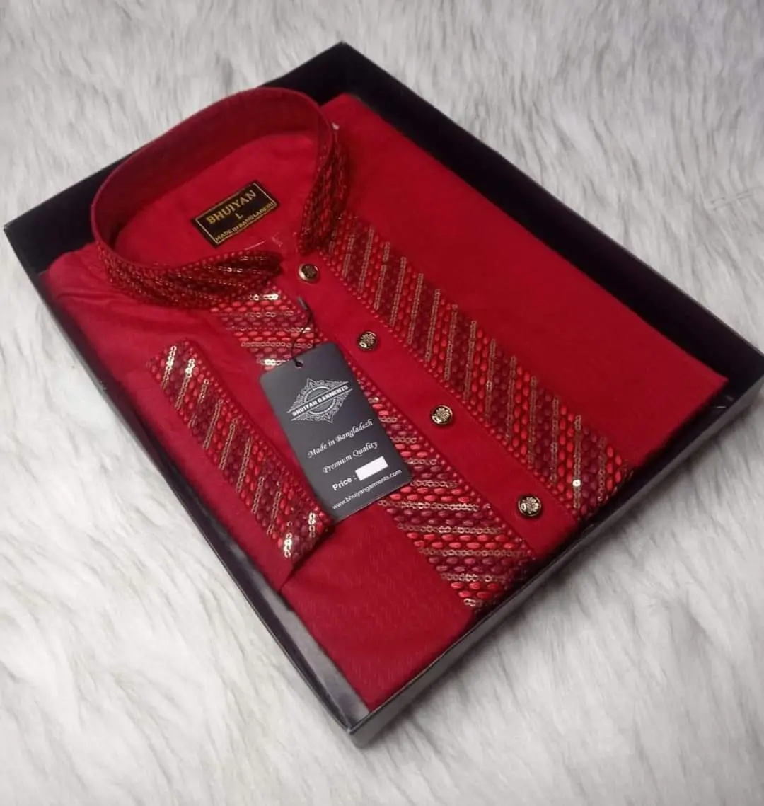 Picture of Mens Red colour and white colour Secuance work High quality Durgah Puja special panjabi