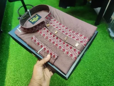 Picture of Unique Design Mens upcoming Eid Special cotton febric semilong premium simple ambrodary work panjabi