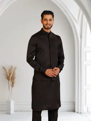 Picture of black panjabi+waists coat+pajama combo set fasionable combo set eid special panjabi combo for mens