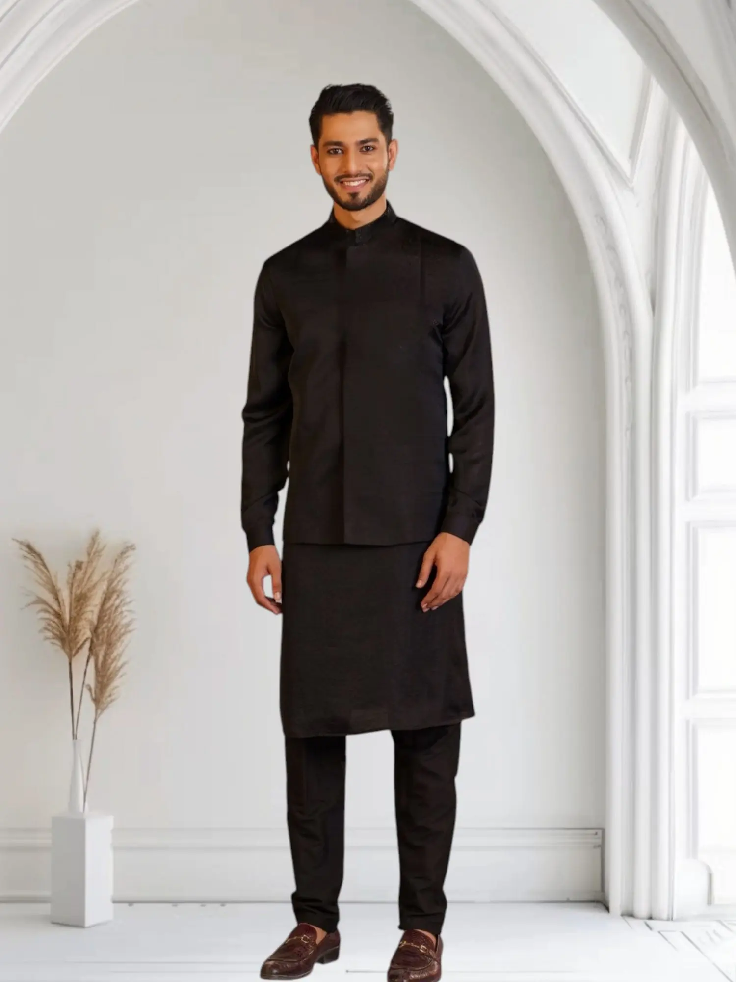 Picture of black panjabi+waists coat+pajama combo set fasionable combo set eid special panjabi combo for mens