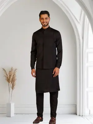 Picture of black panjabi+waists coat+pajama combo set fasionable combo set eid special panjabi combo for mens