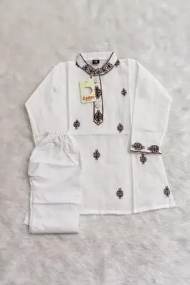 Picture of new bron baby dhuti febric pure cotton full body ambrodary work white colour panjabi