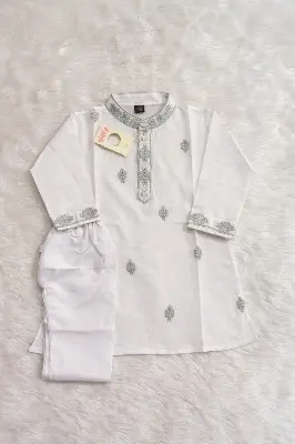 Picture of new bron baby dhuti febric pure cotton full body ambrodary work white colour panjabi