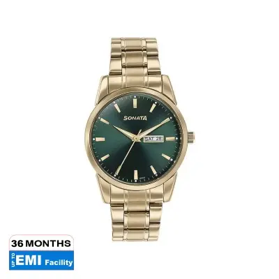 Picture of Sonata Quartz Analog with Day and Date Black Dial Golden Stainless Steel Strap Watch For Men