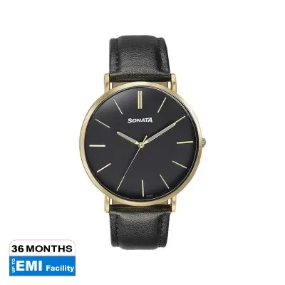 Picture of Sonata Quartz Multifunction Golden Dial Brown Leather Strap Watch For Men