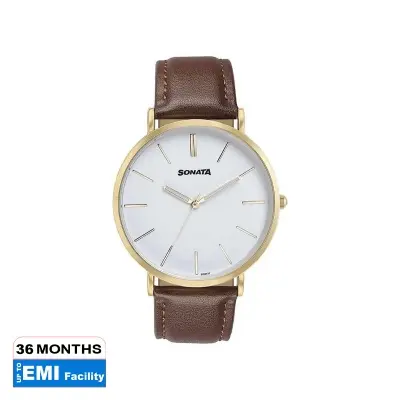 Picture of Sonata Quartz Multifunction White Dial Golden Stainless Steel Strap Watch For Men