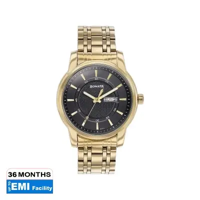 Picture of Sonata Quartz Analog with Day and Date Green Dial Golden Stainless Steel Strap Watch For Men