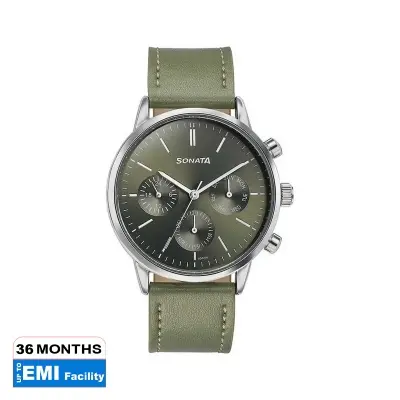 Picture of Sonata Green Round Dial Beige Strap Watch For Gents