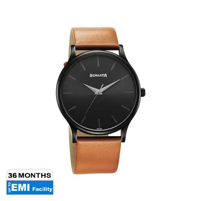 Picture of Sonata Black Round Dial Brown Strap Watch For Gents