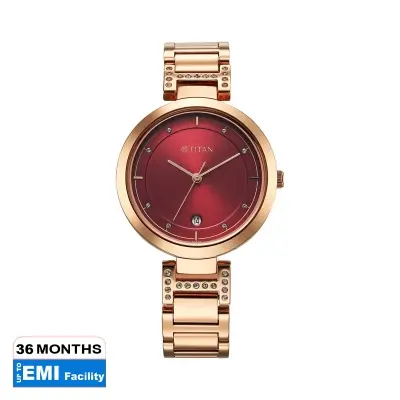 Picture of Titan Women's Watch Analog Red Dial with Rose Gold Stainless Steel Band
