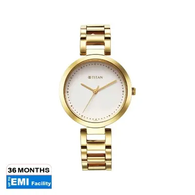Picture of Titan 2480Ym03 Workwear Quartz Analog White Dial Golden Stainless Steel Strap Watch For Women