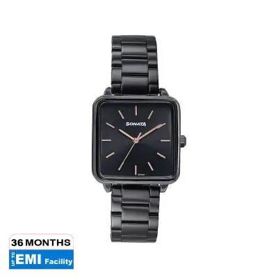 Picture of Sonata Black Rectangle Dial Black Strap Watch For Ladies