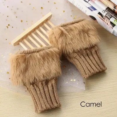 Picture of 1 Pair Fashion Women's Faux Rabbit Fur Fingerless Knitted Wrist Gloves with Sheep Wool Decorations