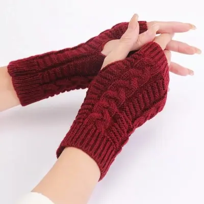 Picture of PHOGARY Winter Fingerless Gloves for Women – Warm Knitted Arm Warmers, Faux Fur Crochet Mittens, Wrist Gloves with Finger Holes for Autumn & Winter Rose Red