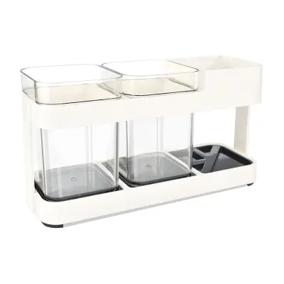 Picture of 2 CUPS With 1 TOOTHBRUSH HOLDER STAND TOOTHPASTE STORAGE RACK REMOVABEL STORAGE ORGANIZER White