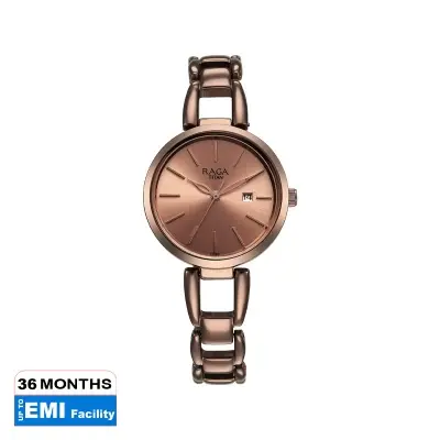 Picture of Titan Raga Viva Quartz Analog with Date Rose Gold Dial Brown Metal Strap Watch for Women