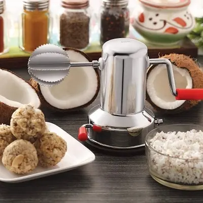 Picture of Latest Stainless Steel Coconut Scraper with Vacuum Base, Coconut Grater Machine, Coconut Crusher Manual Hand Roller, Coconut Chopper for Kitchen, Coconut Scrapper Tool (Silver) Silver