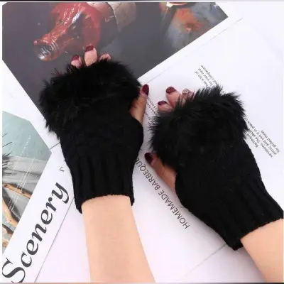 Picture of 1 Pair Fashion Women Faux Rabbit Fur Fingerless Gloves – Knitted Crochet Wrist Warmers, Winter Autumn Mittens