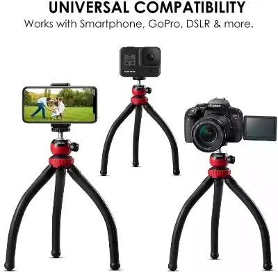 Picture of Flexible Gorillapod Tripod with 360° Rotating Ball Head Tripod for All DSLR Cameras(Max Load 1.5 kgs) & Mobile Phones + Free Heavy Duty Mobile Holder(Black) (12 Inch, Black and Red) Black