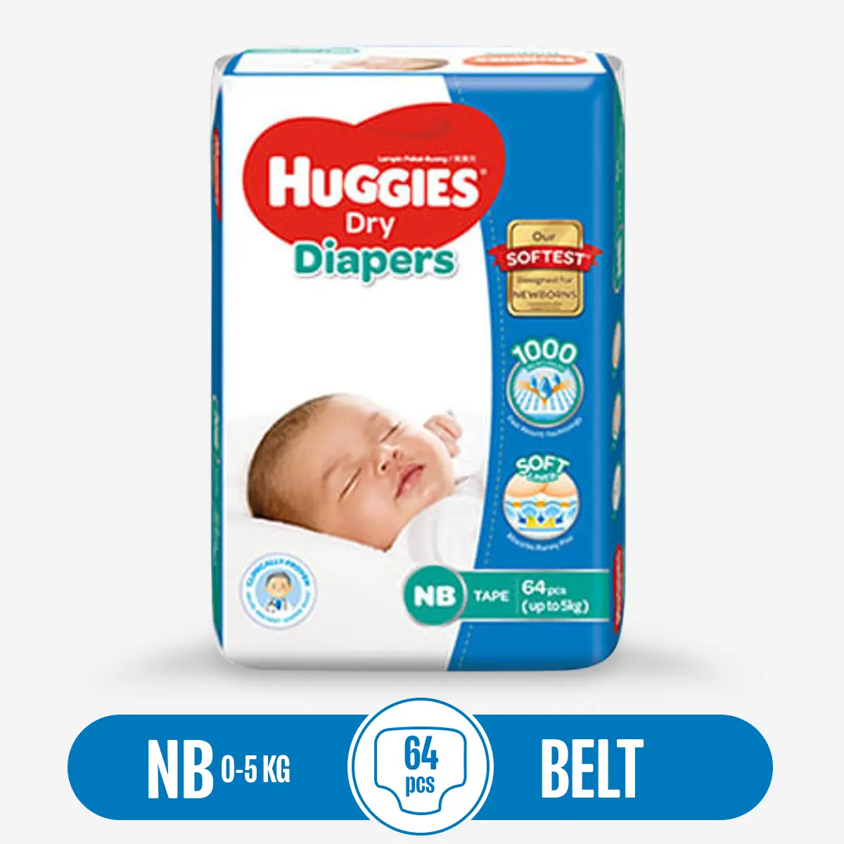 Picture of Huggies Disposable Dry Baby Diaper Belt -  (NB) New Born(0-5 Kg) -64 Pcs - Made in Malaysia