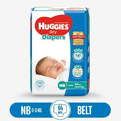 Picture of Huggies Disposable Dry Baby Diaper Belt -  (NB) New Born(0-5 Kg) -64 Pcs - Made in Malaysia