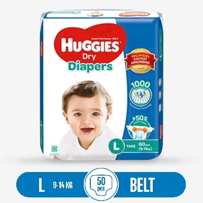 Picture of Huggies Dry Large Belt Disposable Diaper (Malaysia) - 9-14Kg: 60 Pcs