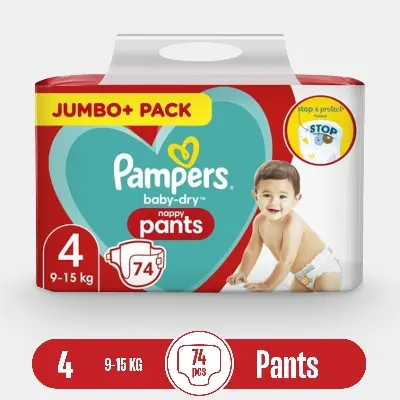 Picture of Pampers Baby Jumbo Diapers For Baby 4 Pant (9-15kg) - 74 Pcs