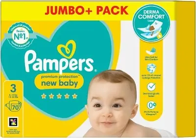 Picture of Pampers Premium Protection New Baby Size 3, 70 Nappies, 6kg - 10kg, Jumbo+ Pack UK