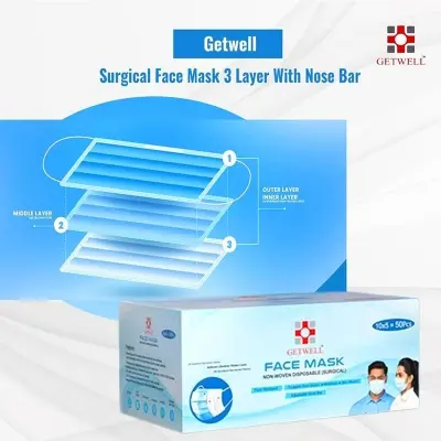 Picture of GETWELL 3-Ply Surgical Face Mask with Nose Bar – 50 Pcs | Non-Woven Disposable Face Mask for Medical & Daily Use(Blue)
