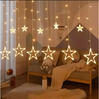 Picture of Star Fairy Light/Curtain Fairy Light /Porda Fairy Light/Golden Big Star Curtain Light, 12 Hanging Golden Star String Lights, Drawing Room Decoration Led Curtain String Light Fairy Led - Fairy Lights - Gold