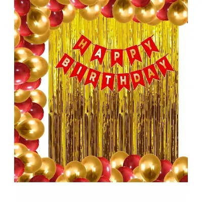 Picture of Birthday decoration set-red card banner with golden background package - Red