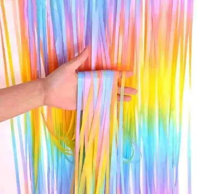 Picture of Rainbow Gradient Colorful Metallic Foil Fringe Curtain/Pastel Candy Colored Metallic Tinsel Curtain Backdrop for Birthday Party Baby Shower Party Decoration - Rainbow