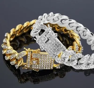 Picture of Men Cuban Link Chain Bracelet Shiny Rhinestone Inlaid Bangle Jewelry- Avant-garde
