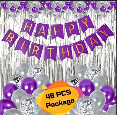 Picture of Purple Color Birthday Decoration Combo Pack With Birthday Banners, Silver Foil Curtains, Metallic Balloons, Blue Confetti and Balloon Garland Arch Decorations Kit Full Package- (Pack of 48 Pcs) - Purple