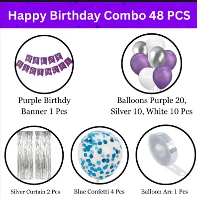 Picture of Purple Color Birthday Decoration Combo Pack With Birthday Banners, Silver Foil Curtains, Metallic Balloons, Blue Confetti and Balloon Garland Arch Decorations Kit Full Package- (Pack of 48 Pcs) - Purple