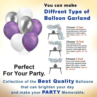 Picture of Purple Color Birthday Decoration Combo Pack With Birthday Banners, Silver Foil Curtains, Metallic Balloons, Blue Confetti and Balloon Garland Arch Decorations Kit Full Package- (Pack of 48 Pcs) - Purple