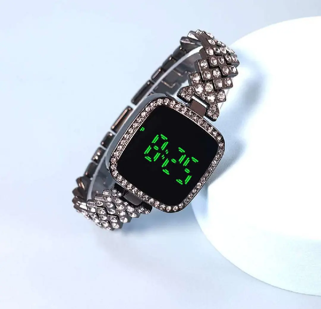 Picture of New Trend Fashion Steel Chain Diamond Women Watch Full Diamond Touch Screen LED Water Diamond Bracelet Watch