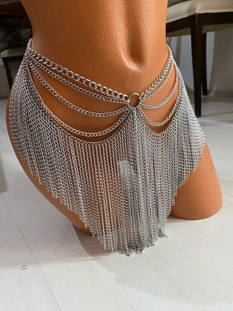 Picture of silver chain fringe skirt/metal tassel waist belt belly dance costume - Silver