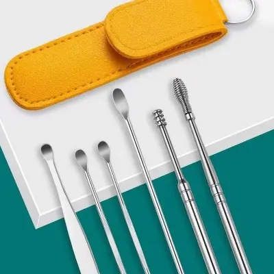 Picture of 6 Piece Ear Pick Set Portable Year Cleaner Set Leather Case With Stainless Steel (Black & Yellow)