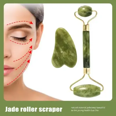 Picture of Green Natural Stone Jade Massage Spa Roller + Gua Sha Board Scrapers Plate For Face Body anti-aging Skin Massage