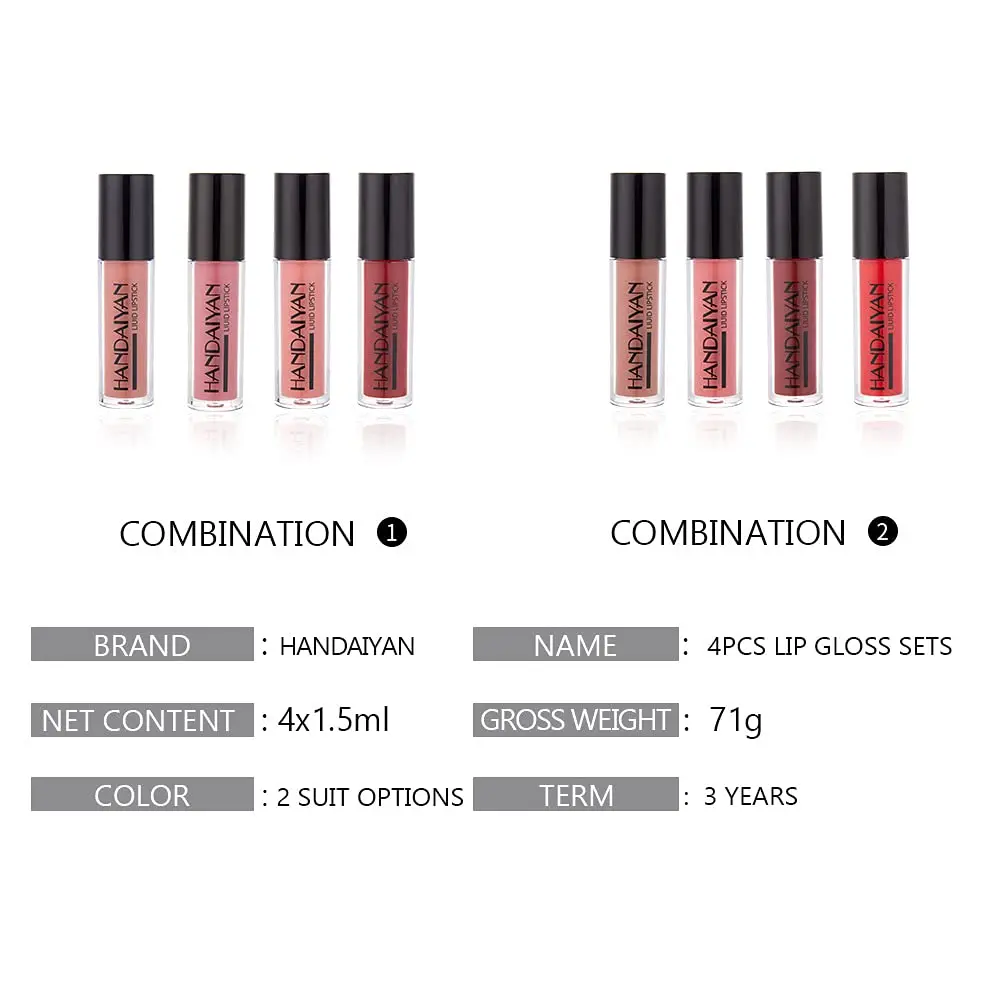 Picture of Handaiyan 4 Colours Glossy Liquid Lipstick Set - Long-Lasting Waterproof And Smudge Proof Lipgloss Liquid Lipsticks - Set 02
