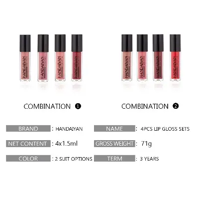 Picture of Handaiyan 4 Colours Glossy Liquid Lipstick Set - Long-Lasting Waterproof And Smudge Proof Lipgloss Liquid Lipsticks - Set 02