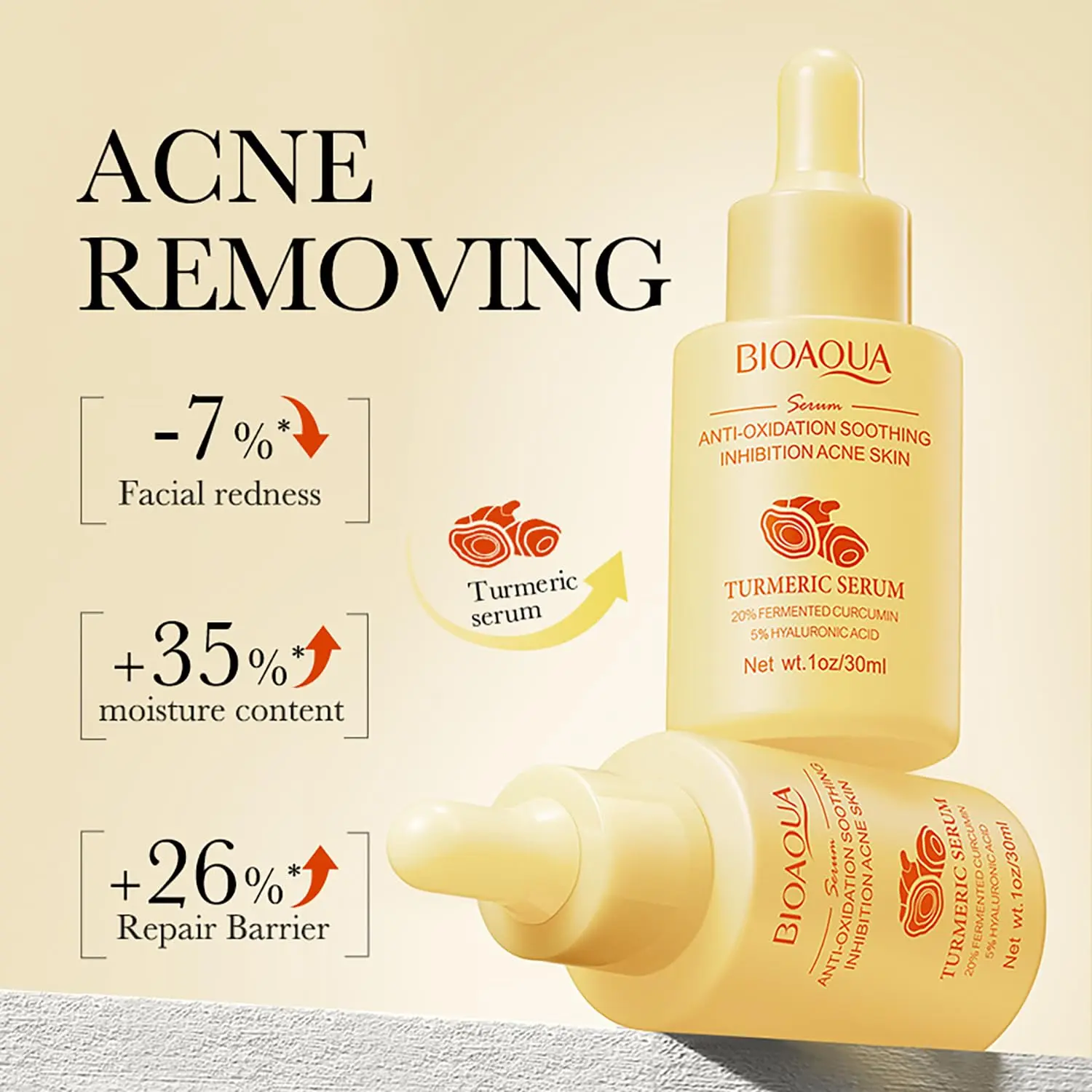 Picture of BIOAQUA Turmeric Facial Serum Anti-Oxidation Soothing Acne Skin Hyaluronic Acid Control Oil Moisturizing Face Skin-30ml