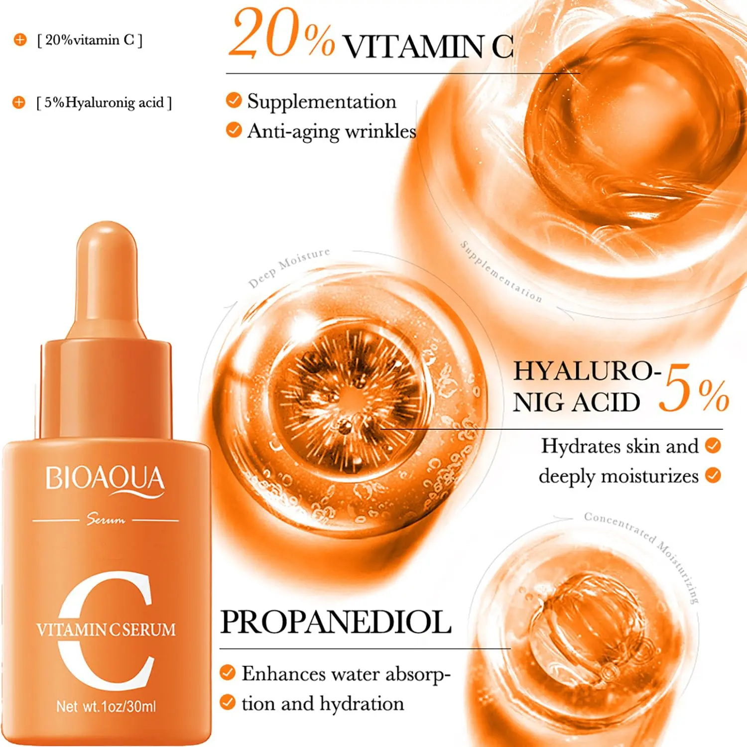 Picture of BIOAQUA Vitamin C Facial Serum Hyaluronic Acid Essence Anti-Aging Moisturizing Face Skin Care -30ml