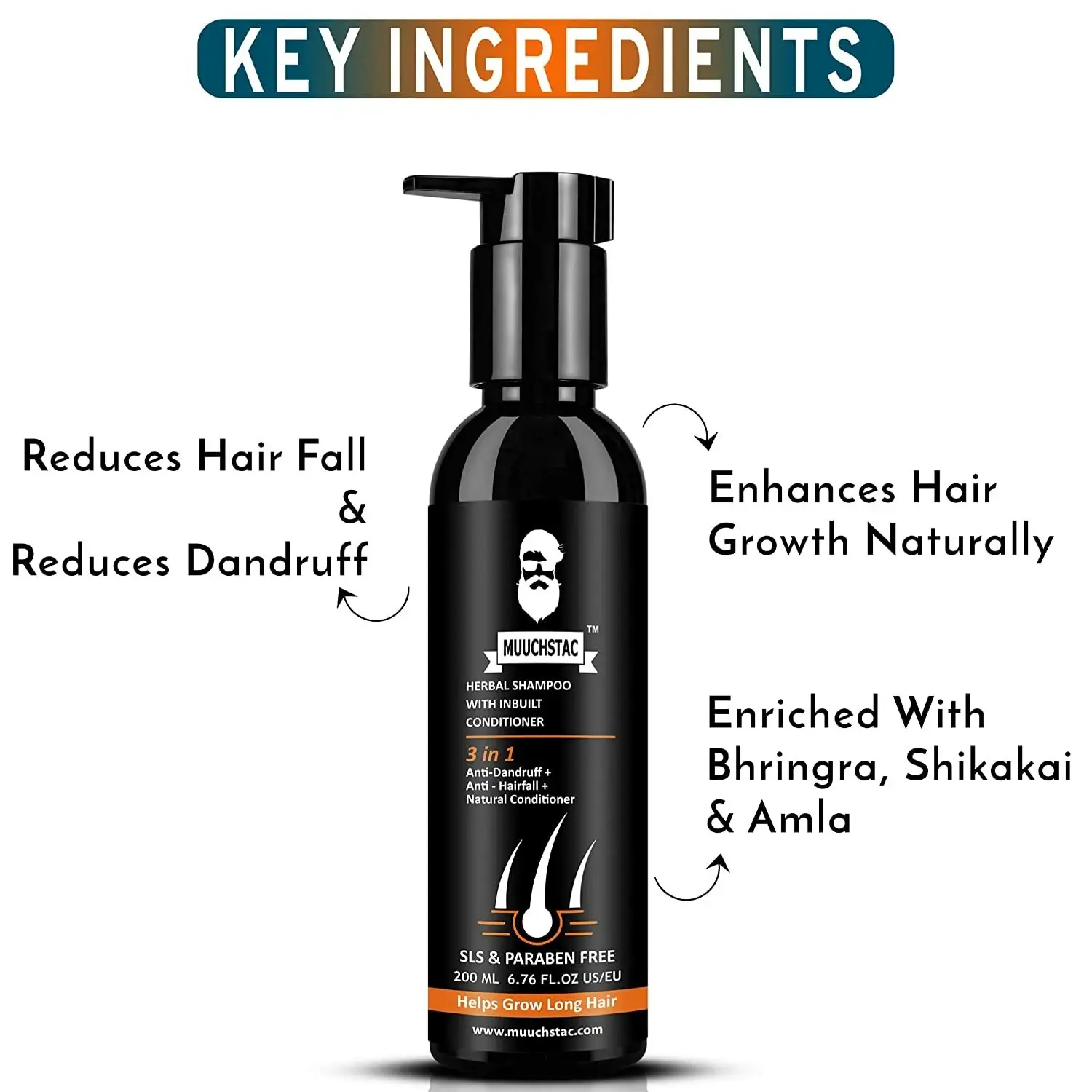 Picture of Muuchstac Herbal Shampoo with Inbuilt Conditioner, Anti dandruff & Anti Hairfall - 200ml